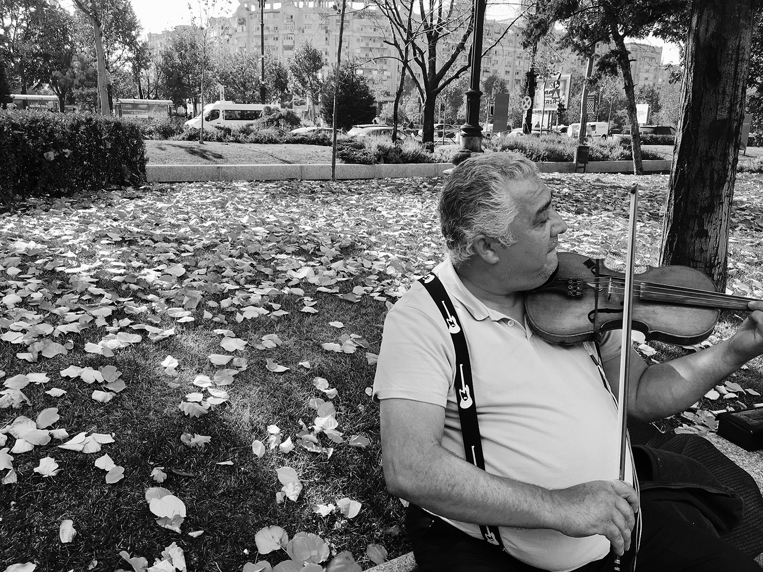 Black and white photograph of Gheorghe in the foreground on the right-hand side of the picture playing the violin on a bench. He is wearing a white t-shirt with black braces. A guitar is drawn on his braces. He is in a park with fallen leaves on the grass. In the background, a street with traffic and communist buildings.